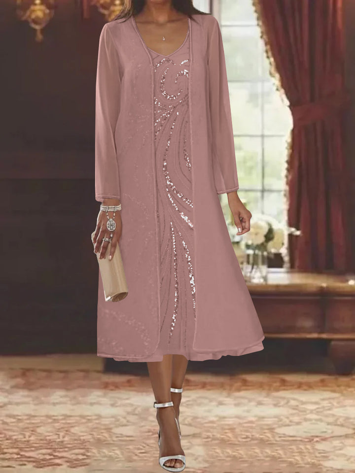 Robe de Mère de la Mariée Fourreau/Colonne à Col en V et Manches Longues, Longueur Thé, avec Veste et Paillettes