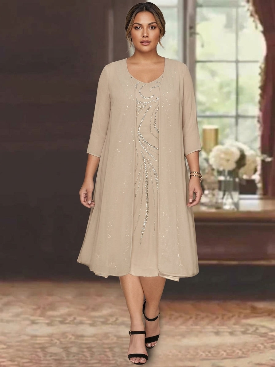 Robe de Mère de la Mariée Grande Taille à Manches Longues et Col en V avec Veste et Paillettes