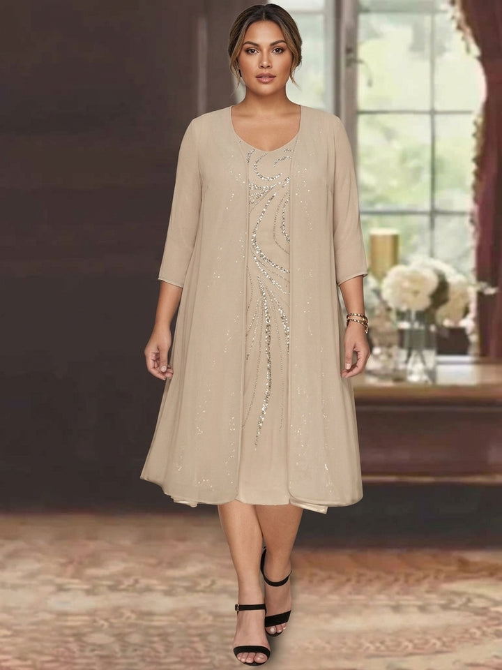 Robe de Mère de la Mariée Grande Taille à Manches Longues et Col en V avec Veste et Paillettes
