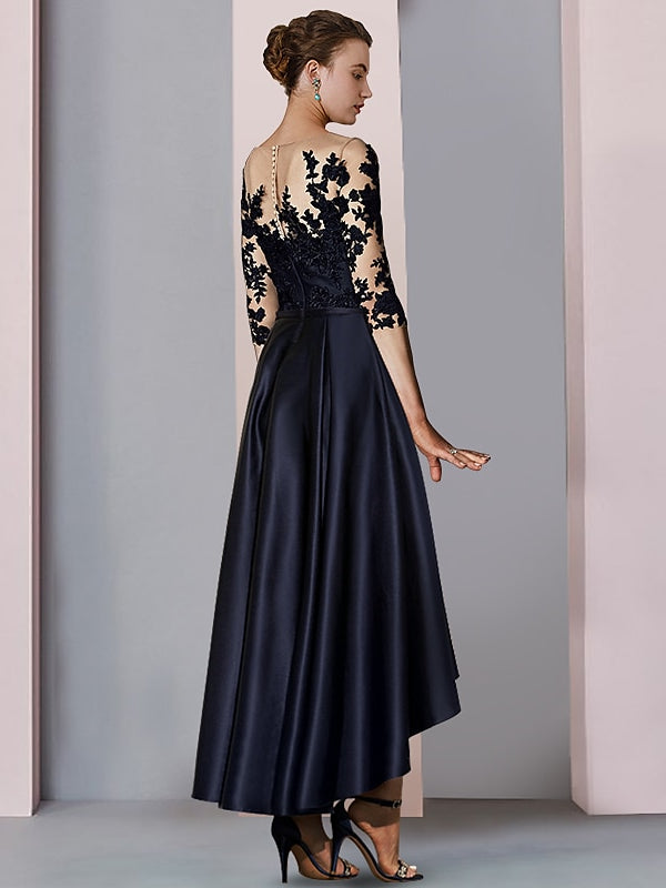 Robe de Mère de la Mariée Asymétrique à Col Illusion, Coupe A-Line/Princess, Longueur Thé