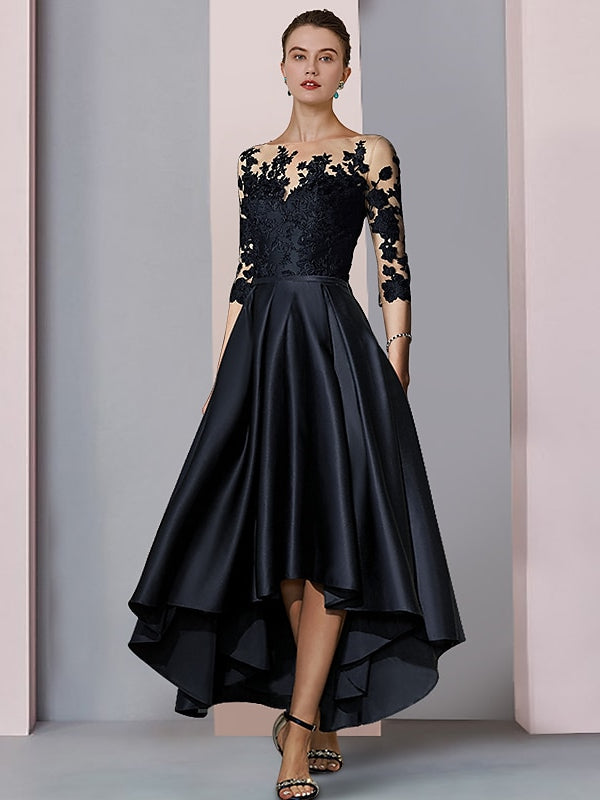 Robe de Mère de la Mariée Asymétrique à Col Illusion, Coupe A-Line/Princess, Longueur Thé