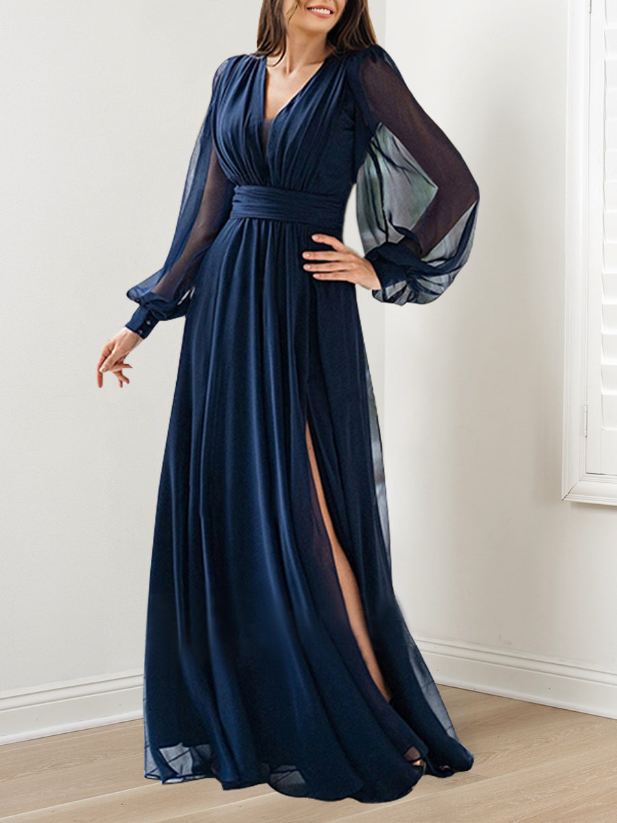 Robe de Mère de la Mariée Coupe A-Line/Princess à Col en V et Manches Longues, Longueur Au Sol, avec Volants