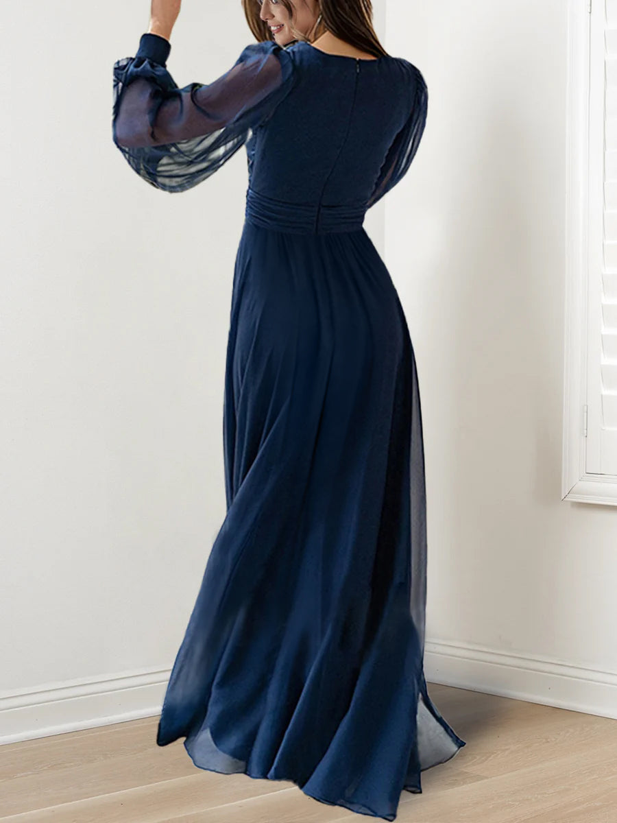 Robe de Mère de la Mariée Coupe A-Line/Princess à Col en V et Manches Longues, Longueur Au Sol, avec Volants