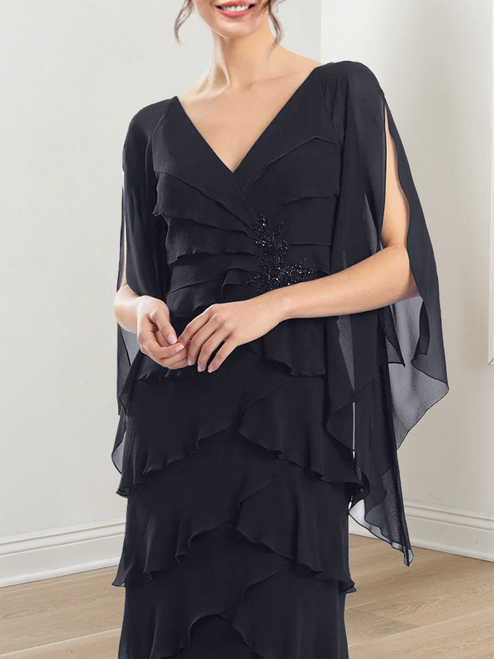 Robe de Mariée en Mousseline de Soie à Manches Courtes et Col en V avec Gaine/Colonne et Volants