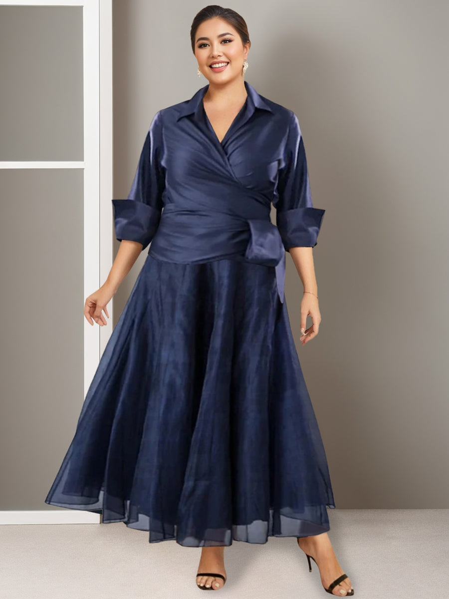 Robe de Mère de la Mariée Grande Taille à Volants, Coupe A-Line/Princess, Col en V, Manches Mi-Longues, Longueur Cheville