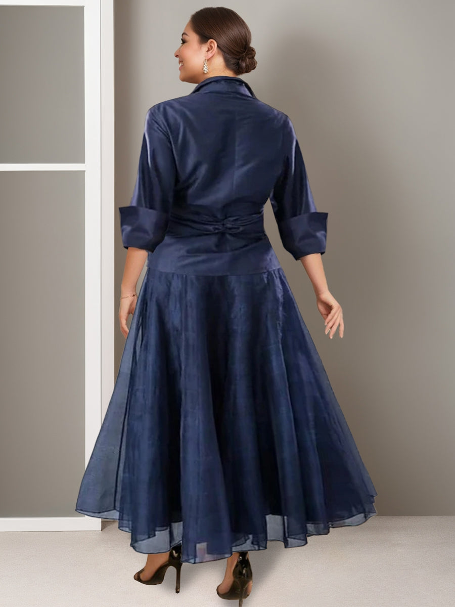 Robe de Mère de la Mariée Grande Taille à Volants, Coupe A-Line/Princess, Col en V, Manches Mi-Longues, Longueur Cheville