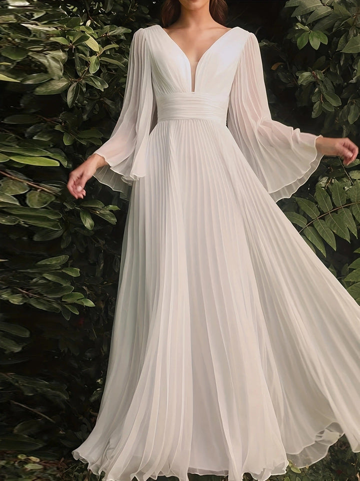 Robe de Mariée Trapèze/Princesse à Col en V, Manches Longues, Longueur Au Sol, avec Plis