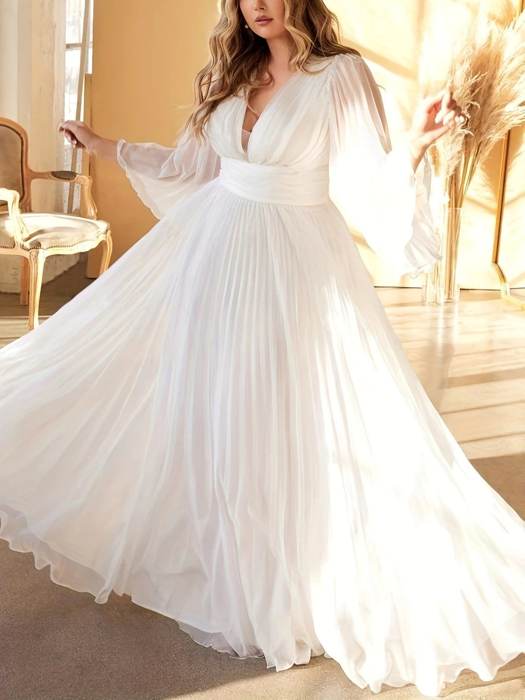 Robe de Mariée Trapèze/Princesse à Col en V, Manches Longues, Longueur Au Sol, avec Plis