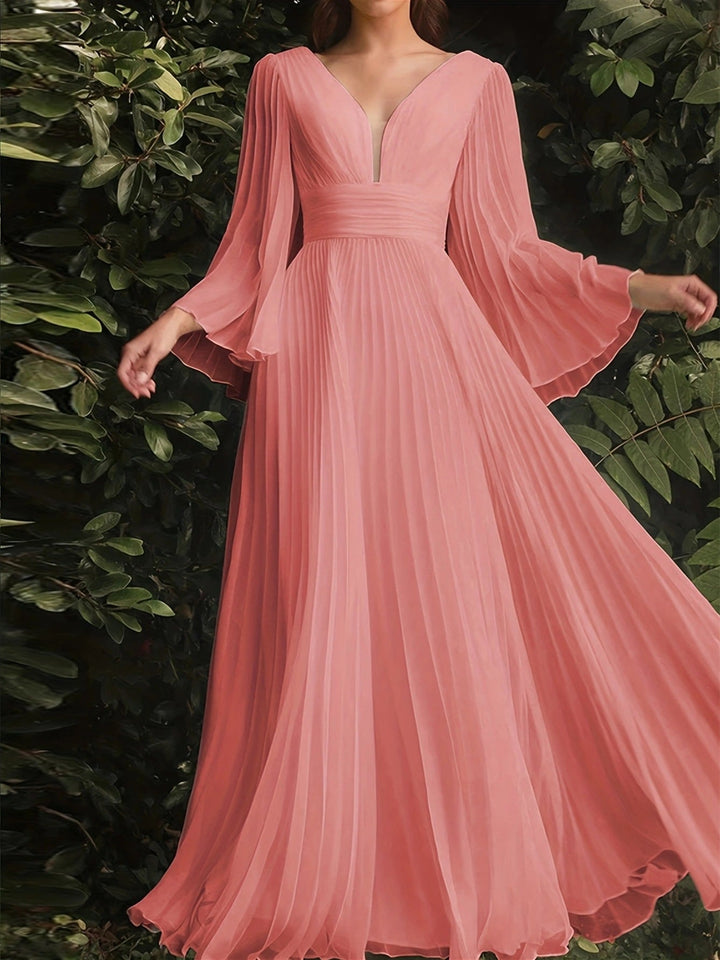 Robe de Mariée Trapèze/Princesse à Col en V, Manches Longues, Longueur Au Sol, avec Plis