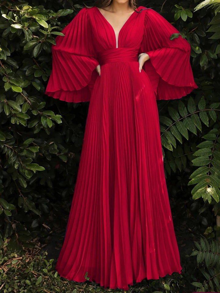 Robe de Mariée Trapèze/Princesse à Col en V, Manches Longues, Longueur Au Sol, avec Plis