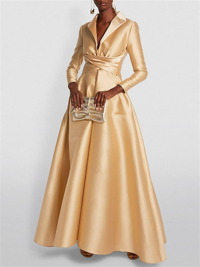 Robe de Soirée Trapèze/Princesse à Manches Longues et Col en V