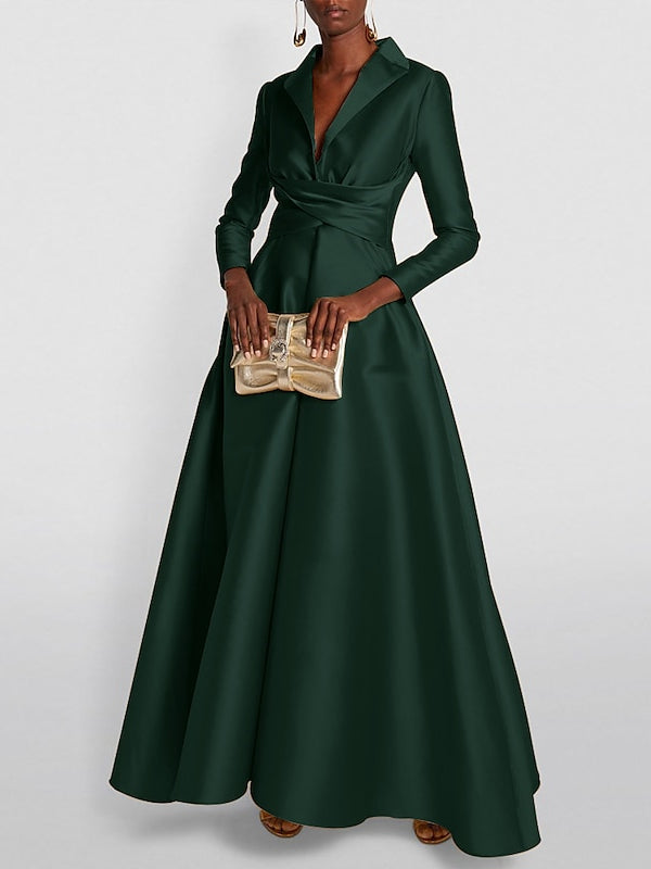 Robe de Soirée Trapèze/Princesse à Manches Longues et Col en V