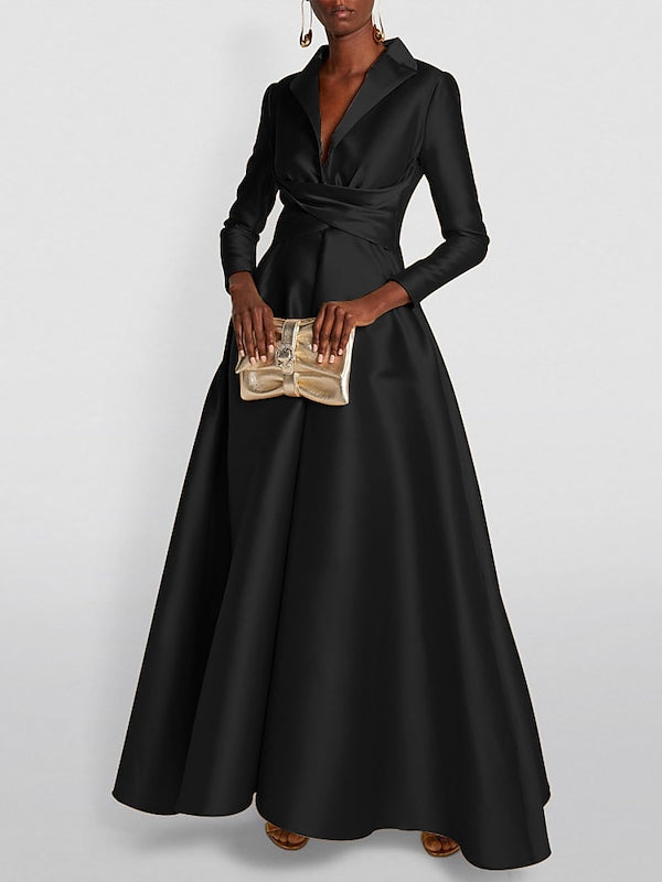 Robe de Soirée Trapèze/Princesse à Manches Longues et Col en V