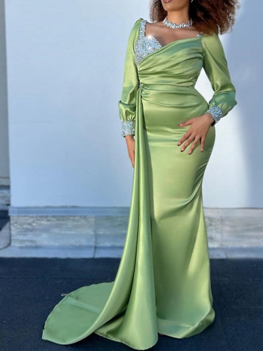 Robe de Soirée Trapèze/Princesse à Manches Longues et Traîne avec Fronces Pailletées