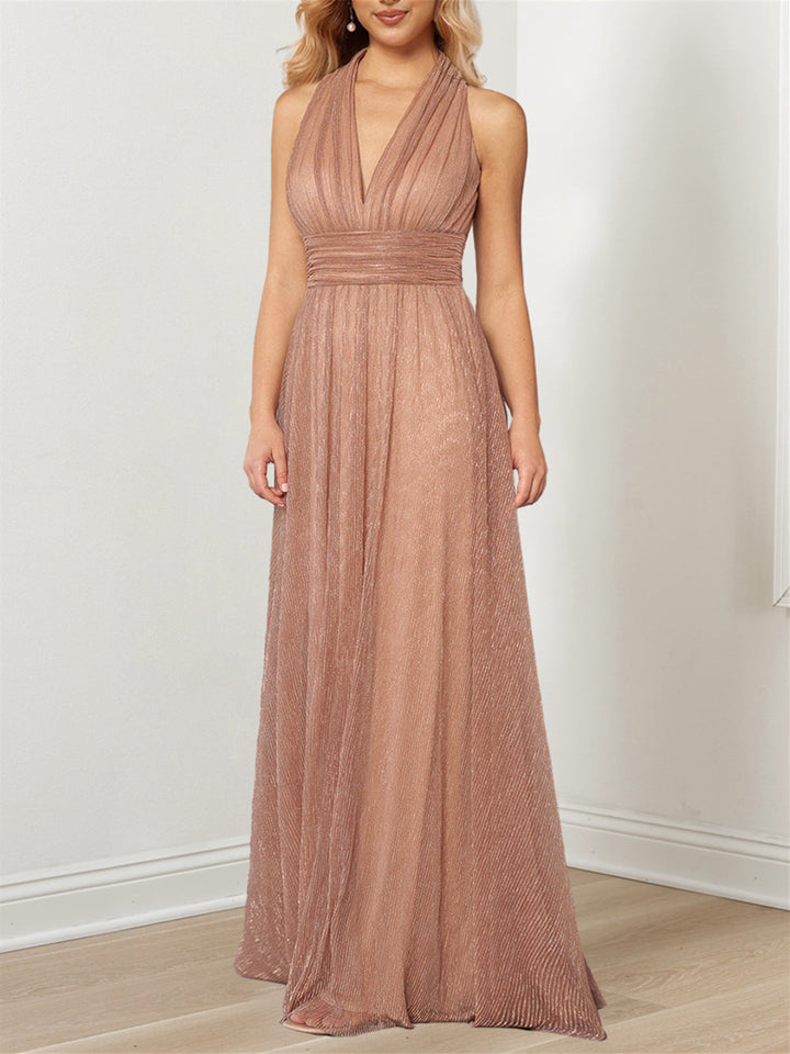Robe de Mère de la Mariée A-Line/Princess Décolleté en V Métallisé à Licou et Longueur Au Sol