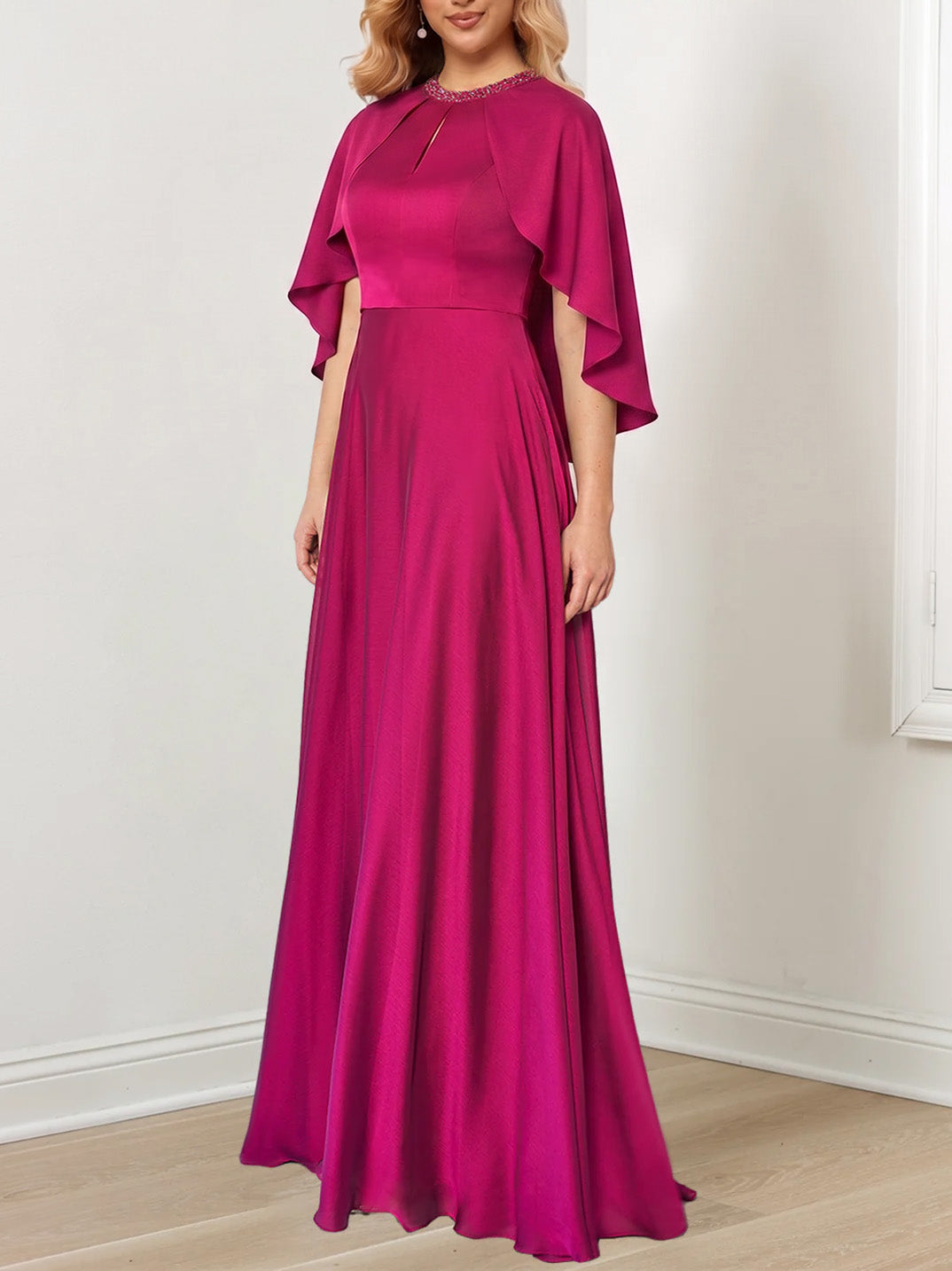 Robe de Mère de la Mariée Coupe A-Line/Princess, Longueur Au Sol, avec Décolleté en Bijou et Perles Faites à la Main