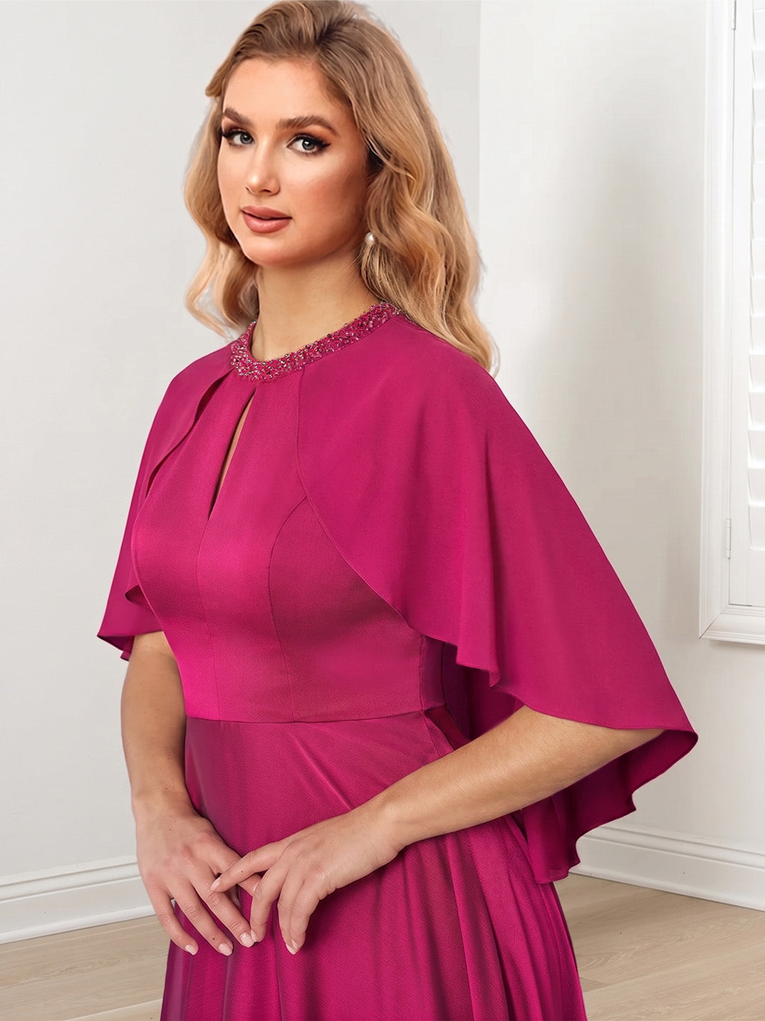Robe de Mère de la Mariée Coupe A-Line/Princess, Longueur Au Sol, avec Décolleté en Bijou et Perles Faites à la Main