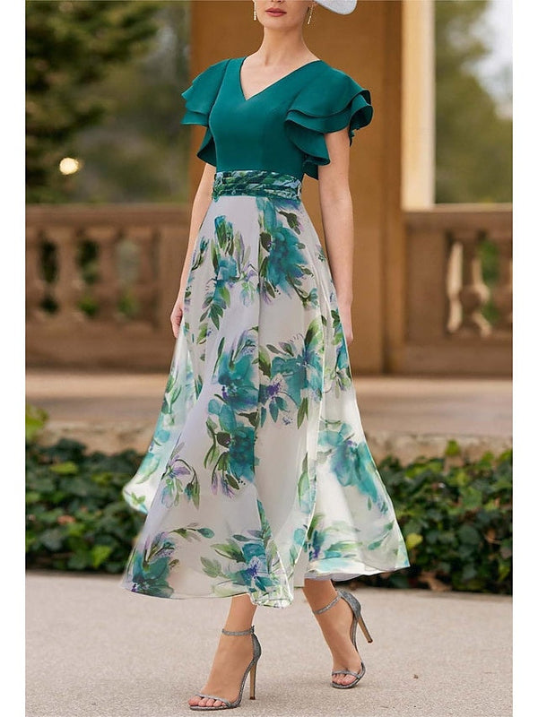 Robes de Mère de la Mariée Coupe A-Line/Princess à Col en V et Manches Courtes à Fleurs, Longueur Cheville