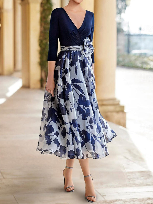 Robe de Mère de la Mariée à Fleurs, Coupe A-Line/Princesse, Col en V, Manches 3/4, Longueur Cheville