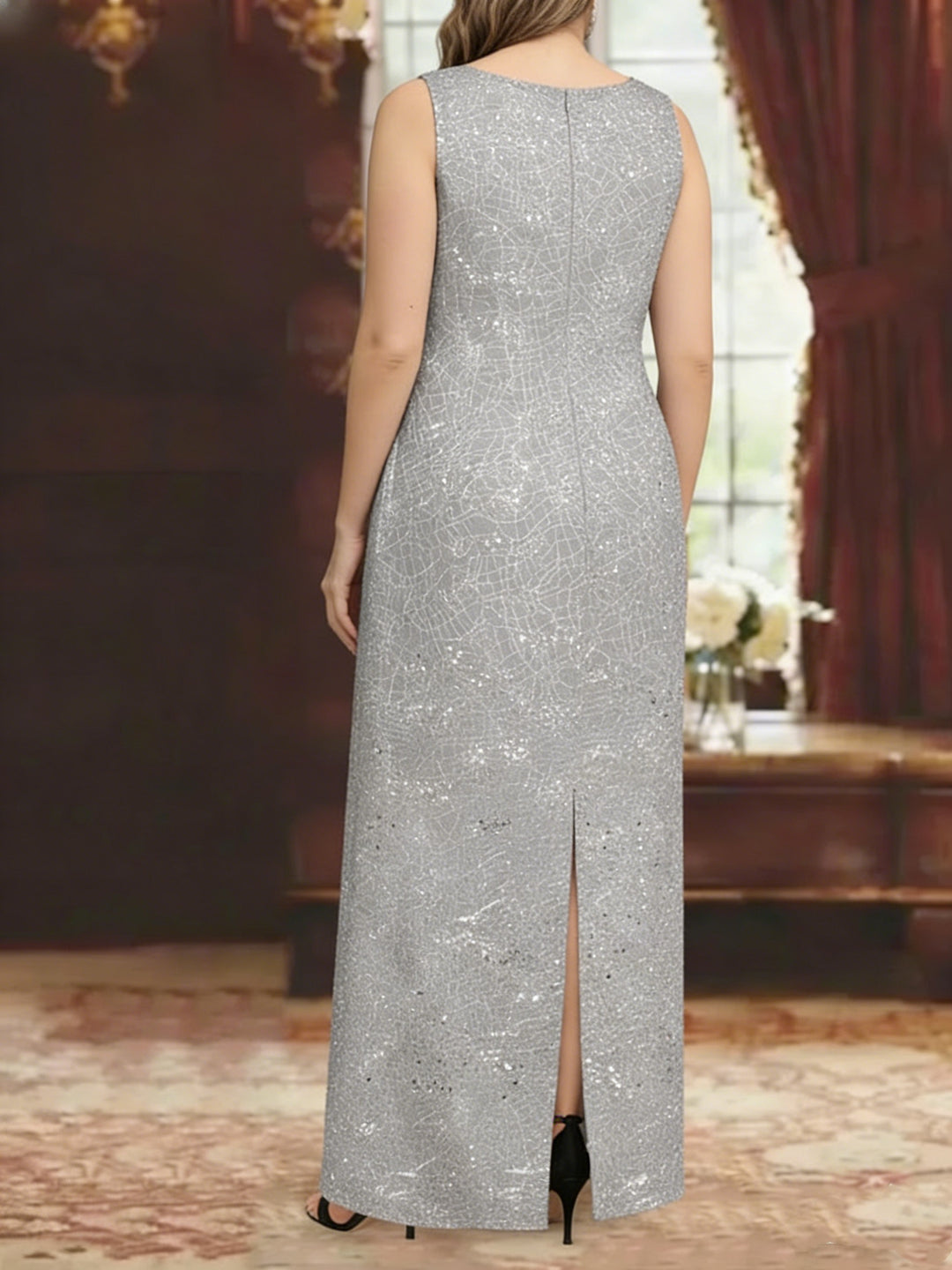Robe de Mère de la Mariée Grande Taille en Mousseline de Soie, Longueur Cheville, avec Paillettes et Veste