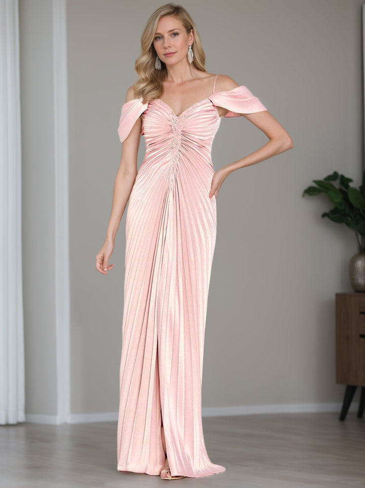 Robe de Mère de la Mariée Fourreau/Colonne à Épaules Dénudées et Manches Courtes, Longueur Au Sol, avec Volants