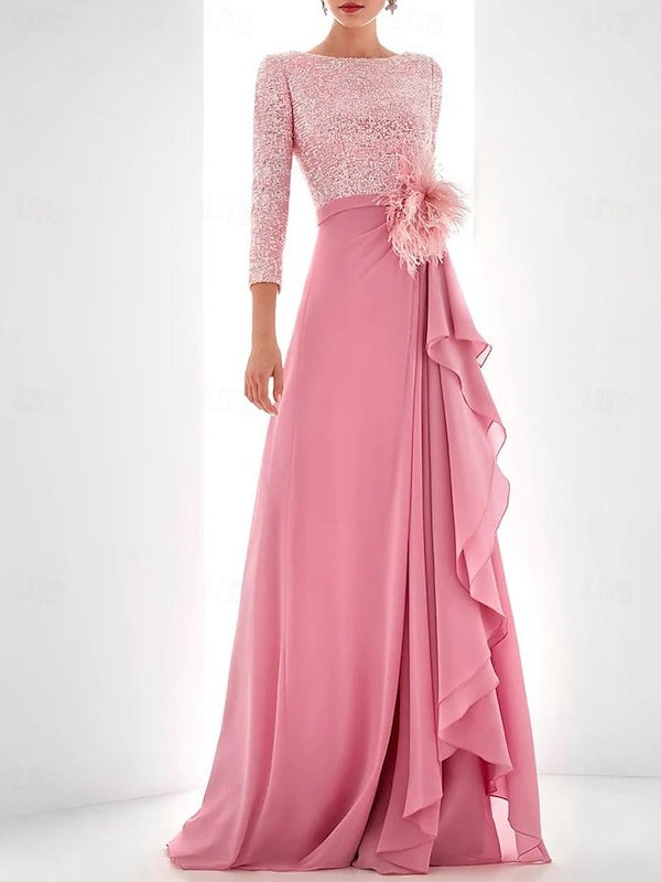 Robe de Mère de la Mariée Asymétrique à Manches Longues et Col Bijou, Coupe A-Line/Princess, avec Paillettes, Plumes et Perles