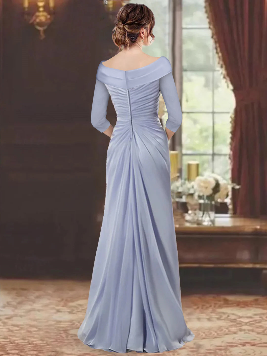 Robe de Mère de la Mariée Fourreau/Colonne à Col en V et Manches Mi-Longues avec Volants et Appliqués