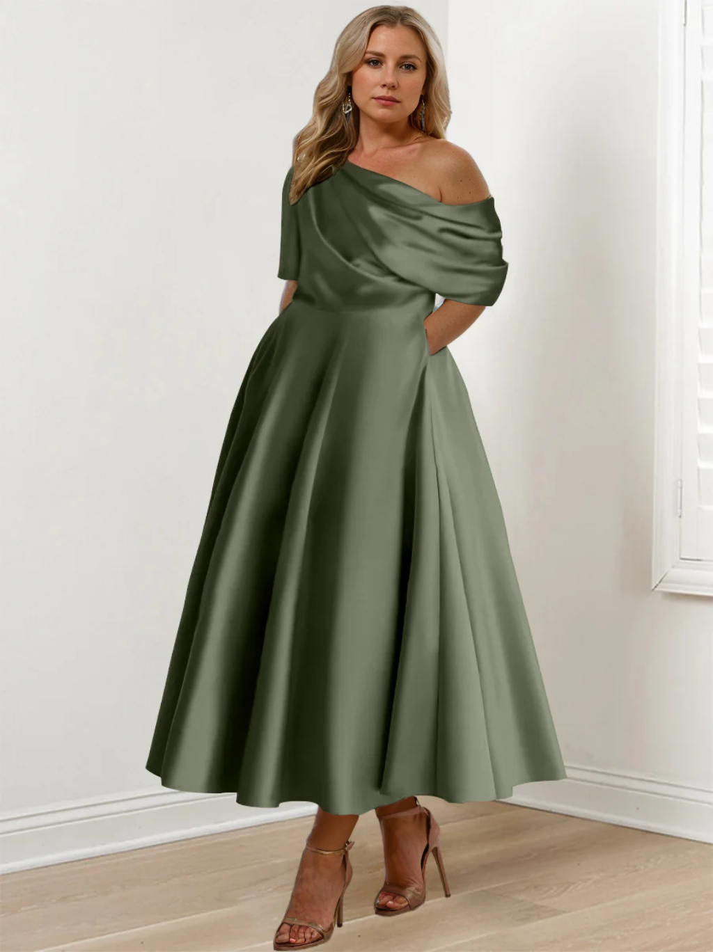 Robe de Mère de la Mariée Grande Taille, Coupe A-Line/Princess, Asymétrique, Manches Mi-Longues, Longueur Cheville, avec Volants