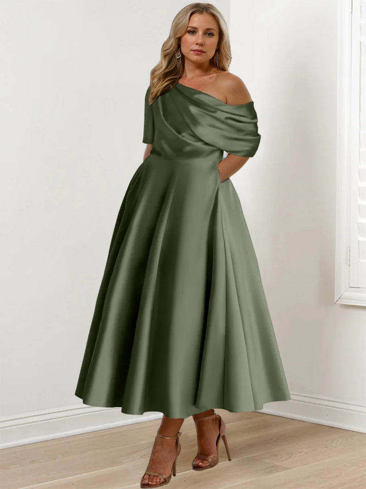 Robe de Mère de la Mariée Grande Taille, Coupe A-Line/Princess, Asymétrique, Manches Mi-Longues, Longueur Cheville, avec Volants