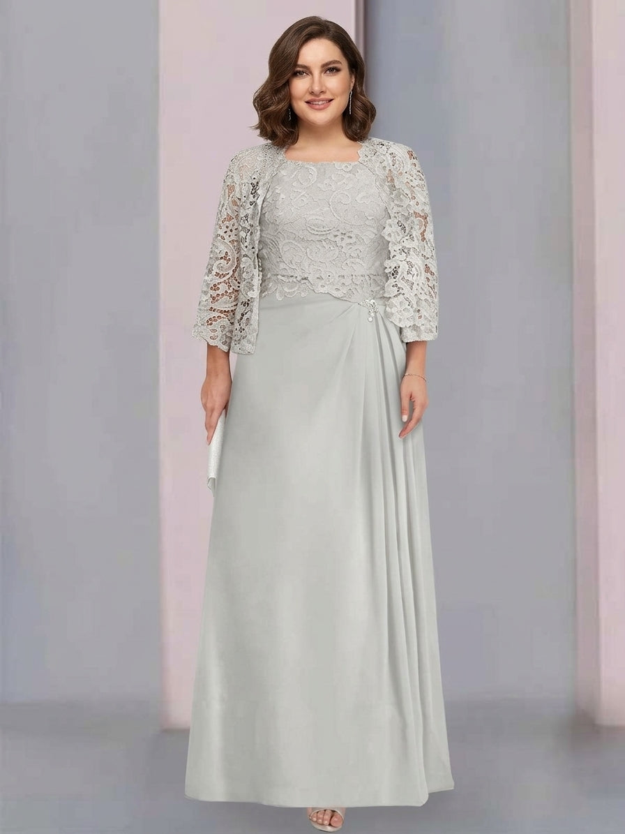 Robe De Mère De La Mariée Grande Taille, Coupe A-Line/Princess, Longueur Au Sol, Avec Appliques Plissées Et En Dentelle