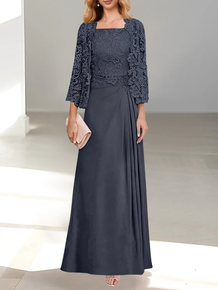 Robe De Mère De La Mariée 2 Pièces Coupe A-line/princesse Avec Décolleté Plongeant Et Longueur Au Sol Et Appliques Plissées Et En Dentelle