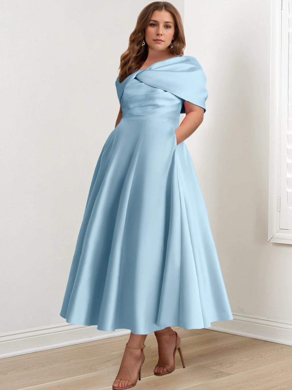 Robe Mère De La Mariée Grande Taille, Coupe Trapèze/Princesse, Épaules Dénudées, Sans Manches, Longueur Cheville, Avec Volants Et Nœud Papillon