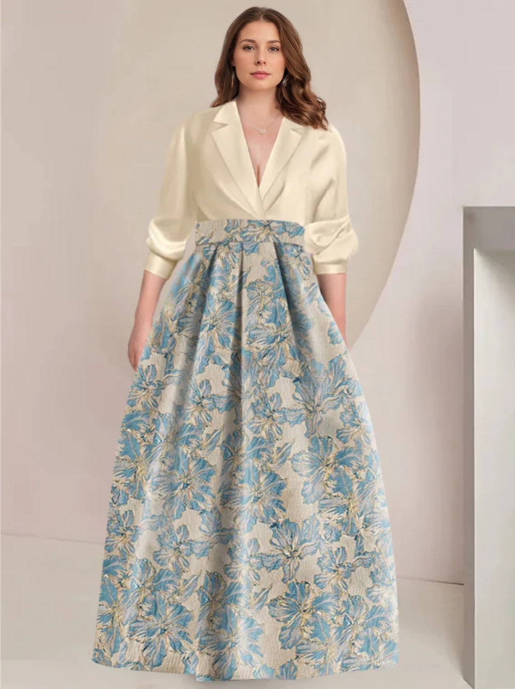 Robes Mère de la Mariée et Du Marié à Imprimé Floral, Coupe A-Line/Princess, Col Chemise, Manches 3/4