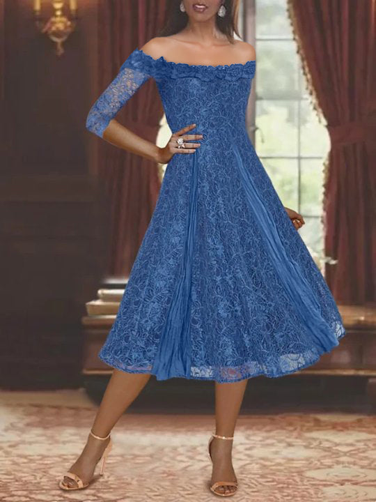 Robes de Mère de la Mariée et Du Marié Coupe A-Line/Princess à Épaules Dénudées et à Demi-Manches avec Dentelle