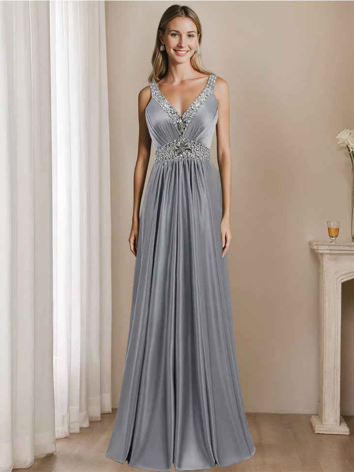Robe de Mère de la Mariée Coupe A-Line/Princess, Col en V, Longueur Au Sol, Sans Manches, avec Strass