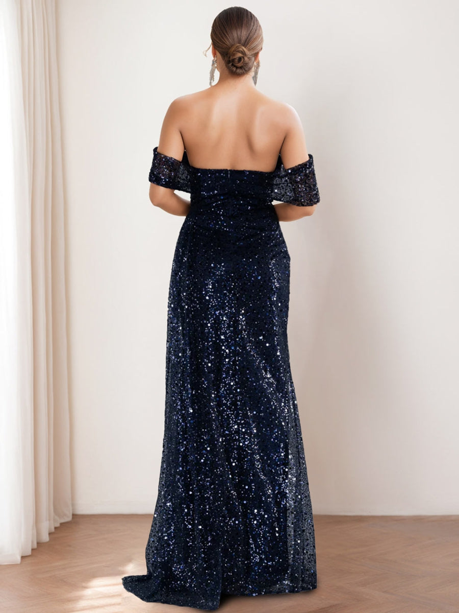 Robes de Mère de la Mariée et Du Marié à Épaules Dénudées, Fourreau/Colonne, à Paillettes et Devant Fendu