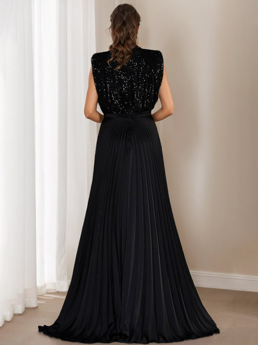 Robes de Mère de la Mariée et Du Marié Sans Manches à Col Haut, Coupe A-Line/Princess, avec Paillettes et Volants