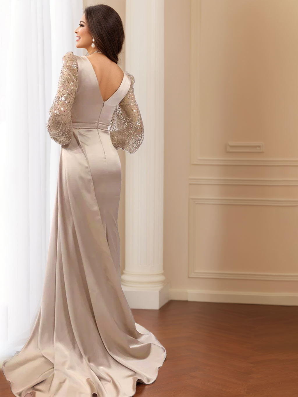 Robe de Mère de la Mariée Trompette/Sirène à Col en V et Manches Longues Froncées avec Fente Sur le Côté