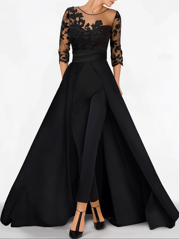 Combinaison pour Mère de la Mariée, Coupe A-Line/Princess, Manches 3/4, Longueur Au Sol, avec Appliqués