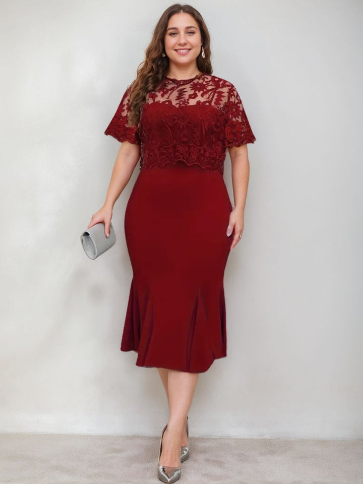Robe de Mère de la Mariée Grande Taille à Manches Mi-Longues et Décolleté en V et en Trompette avec Appliques
