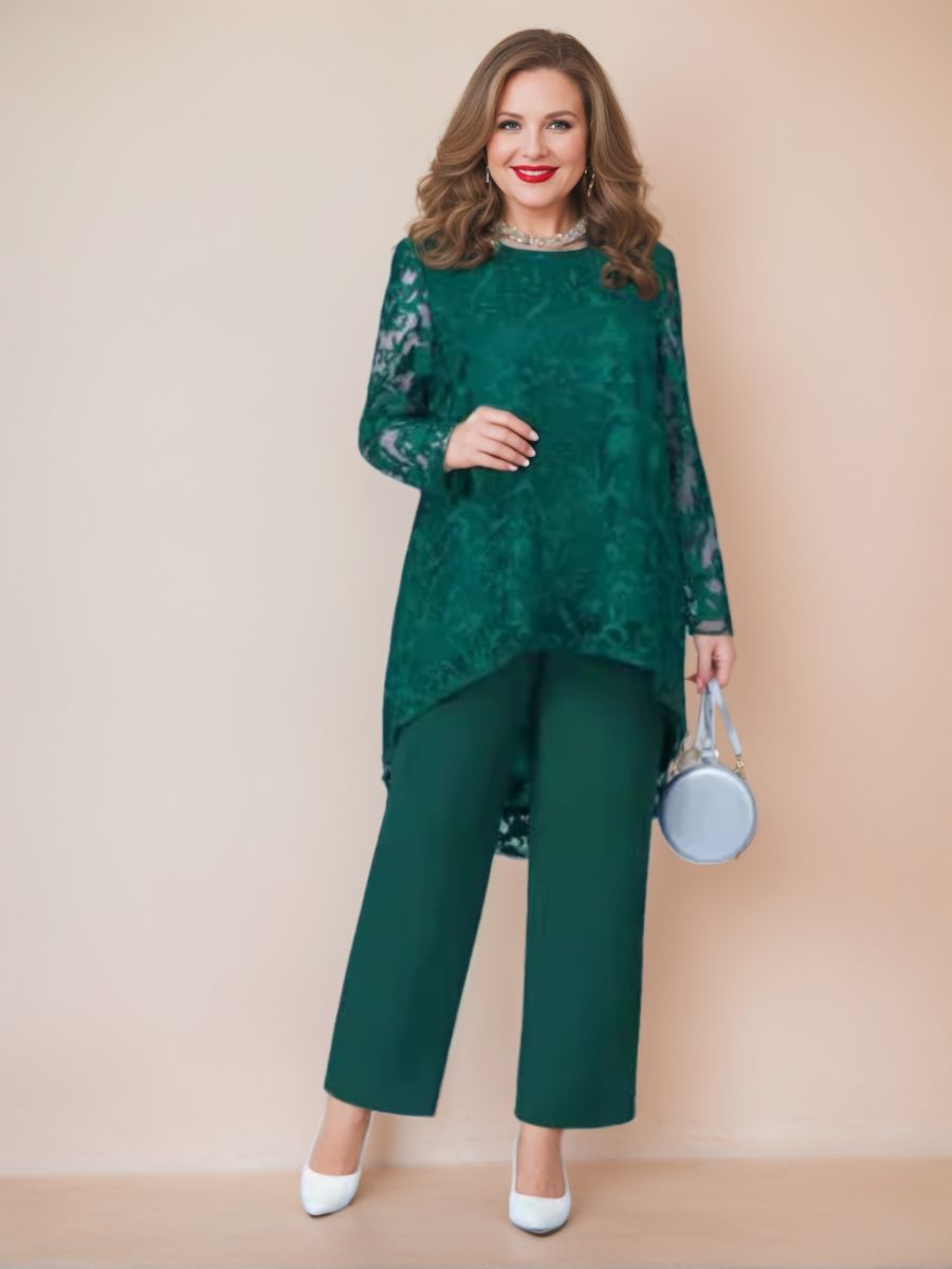 Tailleur-Pantalon Deux Pièces en Mousseline de Soie avec Décolleté Plongeant et Appliques pour Mère de la Mariée