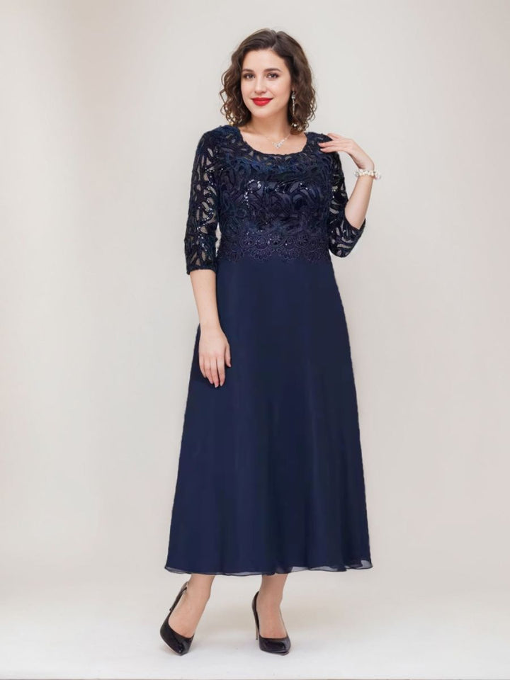 Robe de Mère de la Mariée Grande Taille, Coupe A-Line/Princess, Manches 3/4, Longueur Cheville, avec Appliques