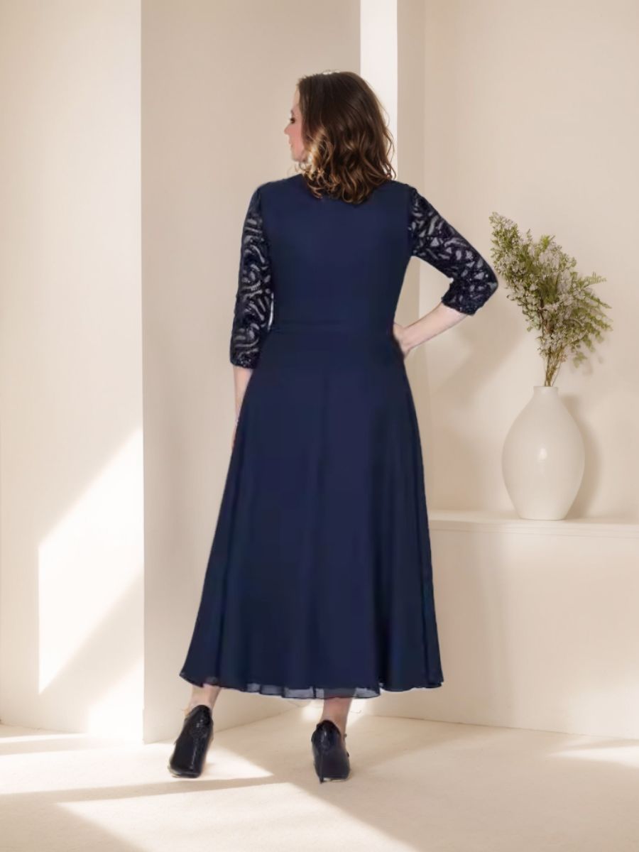 Robe de Mère de la Mariée Grande Taille, Coupe A-Line/Princess, Manches 3/4, Longueur Cheville, avec Appliques