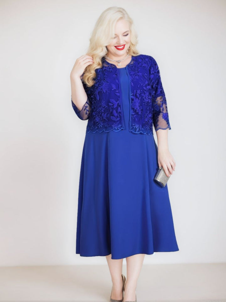 Robe de Mère de la Mariée Grande Taille, Coupe A-Line/Princess, Manches 3/4, Longueur Thé, avec Appliques et Veste