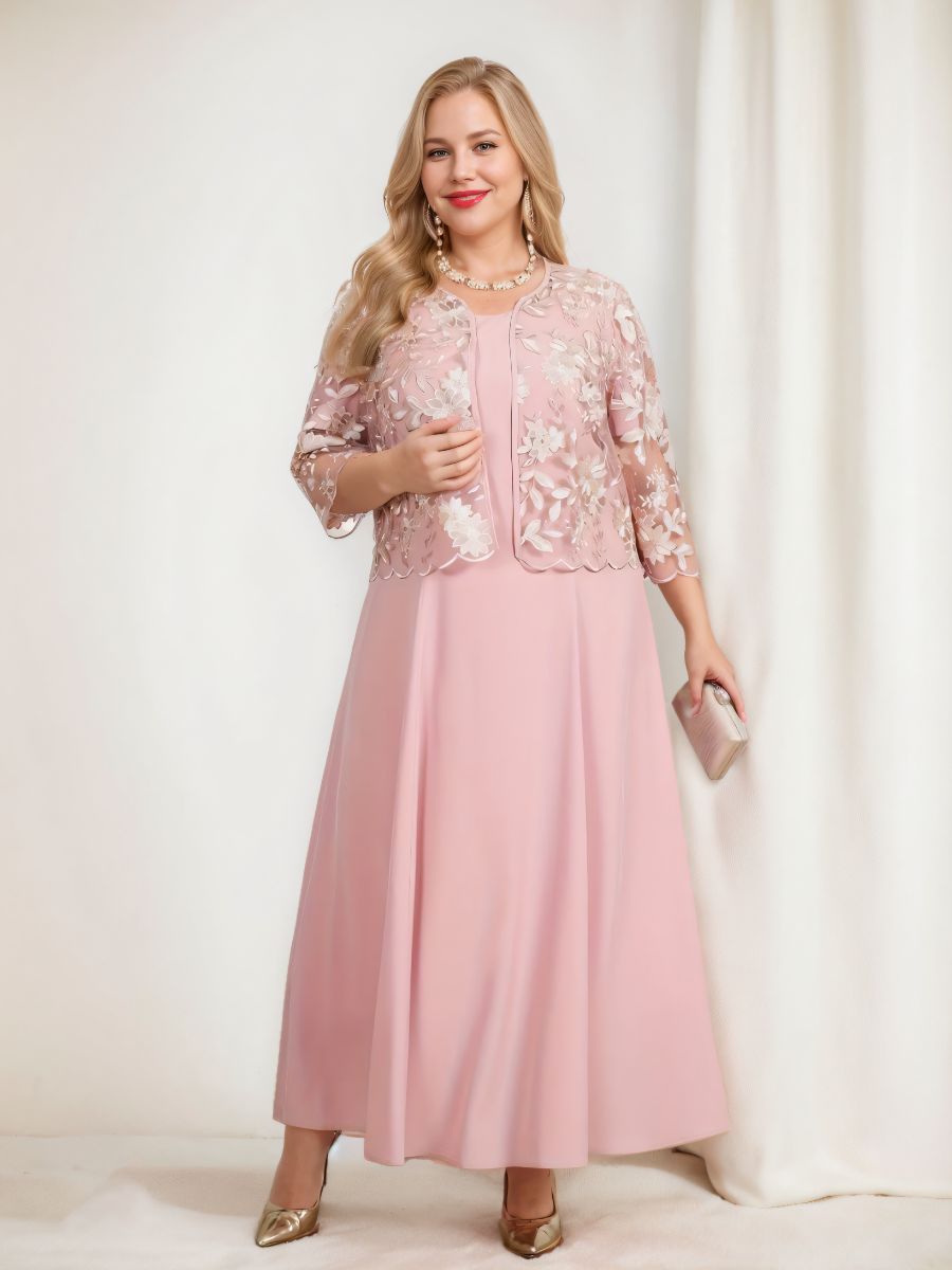Robe de Mère de la Mariée Grande Taille, Coupe A-Line/Princess, Manches 3/4, Longueur Thé, avec Appliques et Veste