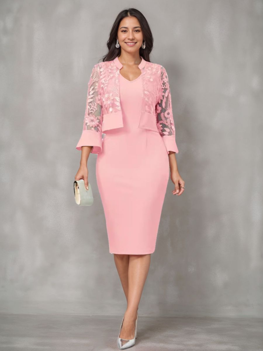 Robe de Mère de la Mariée Fourreau/Colonne à Col en V et Longueur Thé avec Appliques et Veste