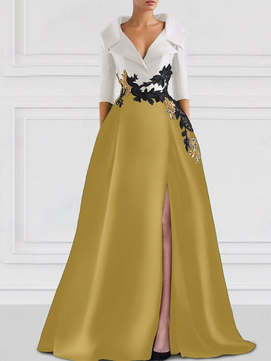 Robe de Mère de la Mariée Coupe A-Line/Princess à Col en V et Longueur Au Sol avec Appliques et Fente Sur le Côté