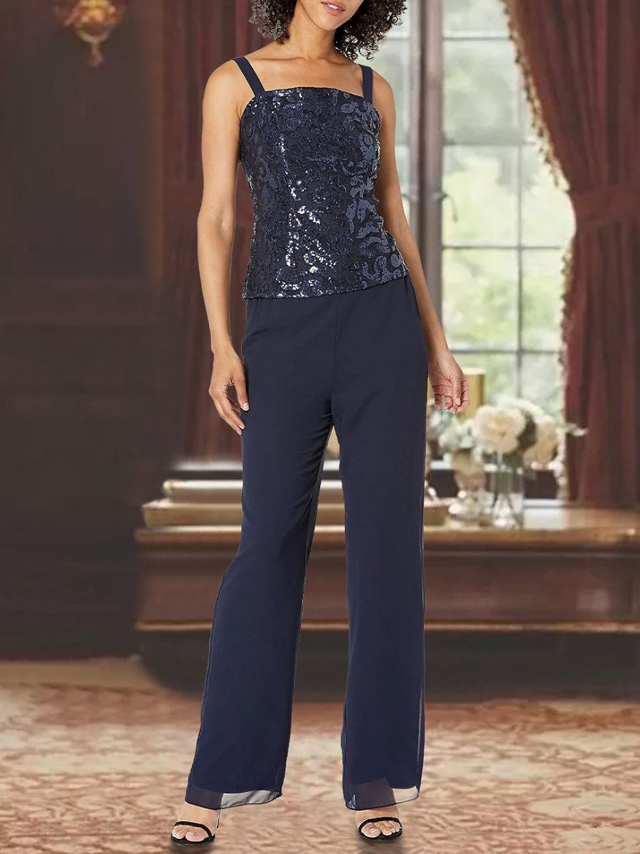 Ensemble 3 Pièces en Mousseline de Soie à Col Carré et Longueur Cheville pour Mère de la Mariée avec Appliques