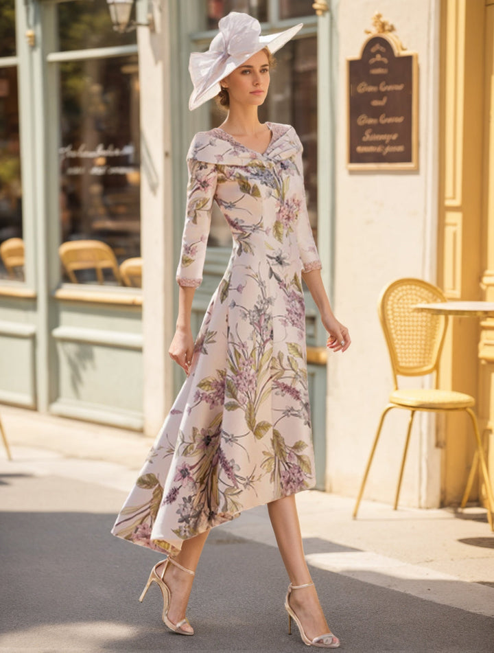 Robes de Mère de la Mariée et Du Marié Asymétriques à Col en V et Manches 3/4