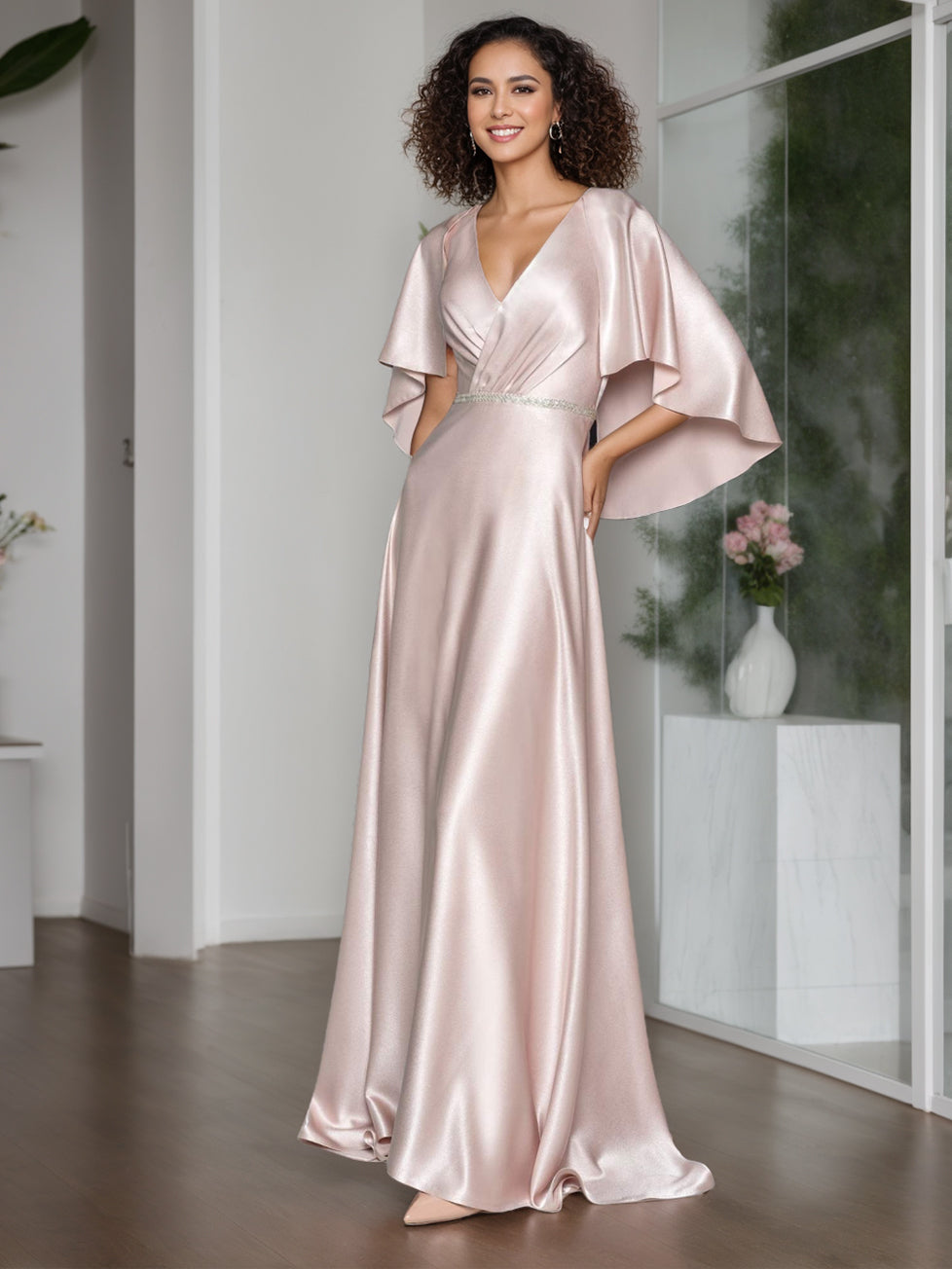 Robe de Mère de la Mariée Élégante en A-Line/Princess, Col en V, Manches Courtes, Longueur Au Sol, avec Volants